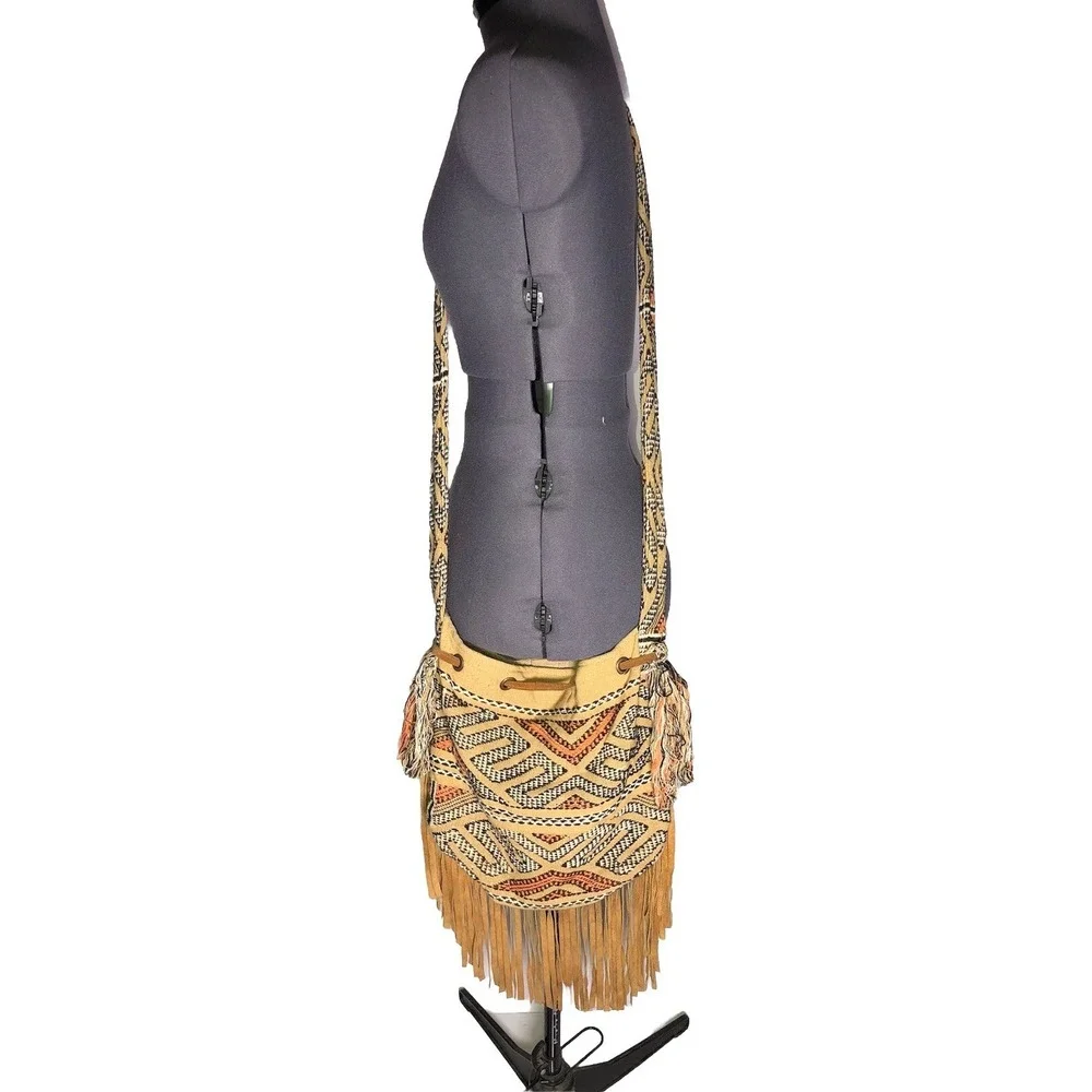 Vtg Y2K Boho Crossbody Bag Fringe Woven Festival Coachella Tribal a+p Denim - Picture 9 of 16